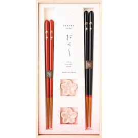 Hashikura Matsukan S-12191 Chopsticks Dishwasher-Safe for Husband and Wife Chopsticks, Natural Wood, Pair Set, 9.1 inches (23 cm), 8.5 inches (21.5 cm), Chopsticks Rest Included, Sakura Sakura, Fuji,