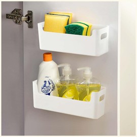 LANSKYWARE 2 Pack Cabinet Organizer Storage, Adhesive Over Cabinet Door Organizer, No Drilling Space Saver Plastic Storage Containers Multi-Use for Kitchen Bathroom Office Bedroom, White