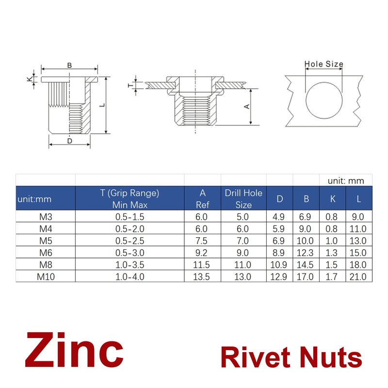 M3 Rivet Nuts Metric Nutserts, Zinc Plated 300 pcs, Nut