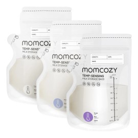 Momcozy 120pz Bolsa De Almacenamiento De Leche Materna 250ml, Bolsa de Leche con Sensor de Temp y Cambio de Color, 120 Unidades, con Base Auto para Lactancia Materna