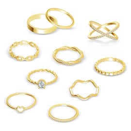ALEXCRAFT Women's 14 Carat Gold Plated Ring Set of 10, Metal, Cubic Zirconia