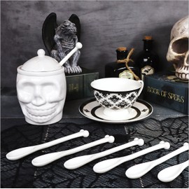 Deluxe Gothic Kitchen Gift Set - Ceramic Sugar Skull Sugar Bowl, 7 Ceramic Bone Spoons, and 1 You've Been Poisoned Tea Cup - Spooky Valentines Day Gifts, Goth Valentines Day Decor