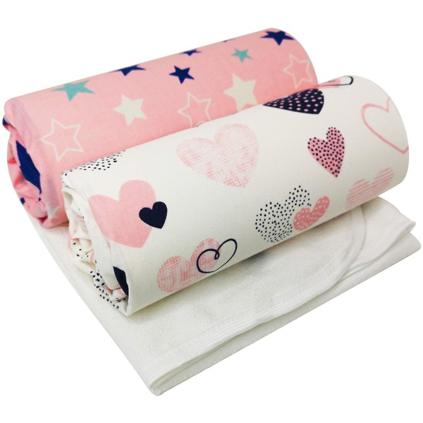 Next to me Baby Crib Sheets – 3pc Baby Bed Set with 2 Fitted Sheets and 1 Waterproof Mattress Protector – 100% Organic Cotton Fitted Crib Sheet – Selemavi Baby Sheets (Pink Hearts and Stars, 50x83 cm)