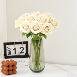 IUKnot Artificial Rose 10pcs Open Flower Bouquet Faux Rose Stems for Wedding Arrangement, Bridal Bouquet, Centerpiece, Fake Faux Silk Flowers (Beige)