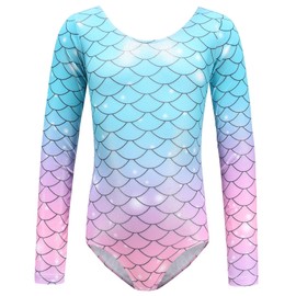 SEAUR Kids Leotard Gymnastics Dance Leotards for Girls Gymnastics Bodysuit Long Sleeve One-Piece Sparkle Mermaid Dance Outfit Athletic Dancewear 7-8T