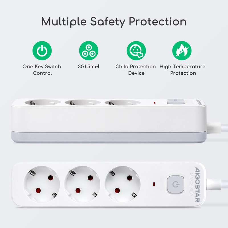 Aigostar 3-Way Power Strip with Switch, Multiple Socket with Child