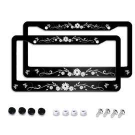 Black White Daisy Butterfly License Plate Frame - 2 Pack Aluminum Metal License Plates Flowers License Plate Holder Novelty Auto Car Tag Universal Car Accessories with 2 Holes