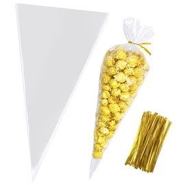 Clear Cellophane Cone Treat Bags, 7x15 Inches, 150 Pieces with Gold Twist Ties, for Candy, Party Favours
