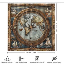 TIKRBMLB 4Pcs Vintage World Map Compass Shower Curtain Set with Toilet Lid Cover Non-Slip Rugs for Bathroom, Ocean Antique Nautical Sailboat Shower Curtain Bathroom Sets with Hooks, 72x72 Inch