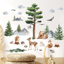Jungle Animals Wall Decals Safari Cartoon Animals Stickers Watercolor Tree Animal Wall Stickers, Nursery Woodland Decor Bear Deer Forest Animal Decal for Bedroom Playroom Room Daycare Decor