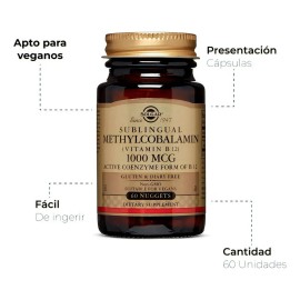 Solgar Vitamina B12 Sublingual Metilcobalamina 1000mcg 60 Tabletas Vegana Sin Gluten Sin Sabor