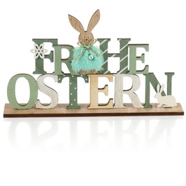 COM-FOUR® Decorative Stand for Easter, Lettering with Easter Bunny, Easter Decoration for Standing, Wooden Easter Decoration with Bell (1 Piece, Rabbit and Flower)