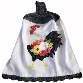Rooster Crochet Top Hanging Kitchen Towel, with Decorative Bottom Trim, Floral Accent