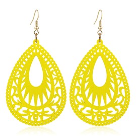 T-ztoss Wood Earrings for Women Natural Retro Lightweight Teardrop Hollow Wooden Earrings African Dangle Earrings Geometric Statement Earrings (yellow)