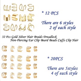 32 Pcs Hair Braids Dreadlock Non-Piercing Ear Clip Beard Beads Cuffs Clip Hair Charms, 50pcs Disposable Rubber Band (Gold)