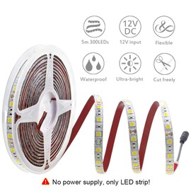 ALITOVE 16.4ft Warm White 3500K 5050 SMD LED Flexible Strip Ribbon Light 5M 300 LEDs Waterproof IP65 DC 12V for Home Garden Commercial Area and Festival Lighting