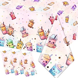 Dydamud Boba Tea Party Decorations,3pcs Bubble Tea Birthday Tablecloths Waterproof Plastic Boba Table Covers for Boba Party Decorations