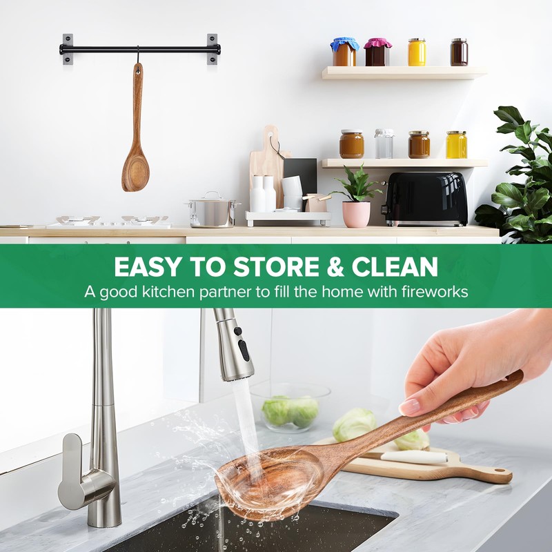 Wooden Spoons for Cooking, Long Handle Teak Wooden Corner Serving