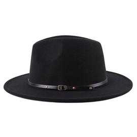 Unisex Womens Mens Adjustable Classic Wide Brim Belt Buckle Fedora Hat Felt Panama Hat Church Jazz Cap Black