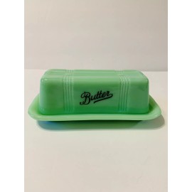 Unmarked JADEITE GREEN DEPRESSION STYLE GLASS BUTTER DISH w/ LID, Farmhouse Decor