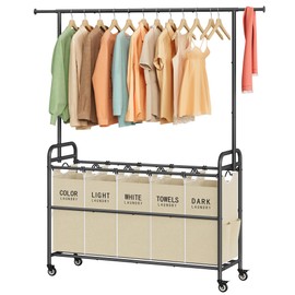 Tajsoon Laundry Sorter with Hanging Bar, 5 Bag Laundry Sorter with Wheels, 246L (65 Gal.) Laundry Hamper with Adjustable Hanging Rack, Laundry Room Organization and Storage, Beige