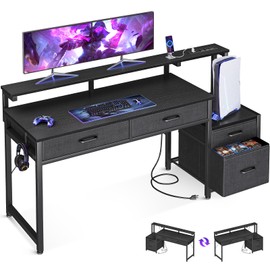AODK Computer Desk with 4 Drawers, 55 Inch Gaming Desk with Power Outlet, Office Desk with Monitor Shelf, Work Desk Table for Home Office, Black