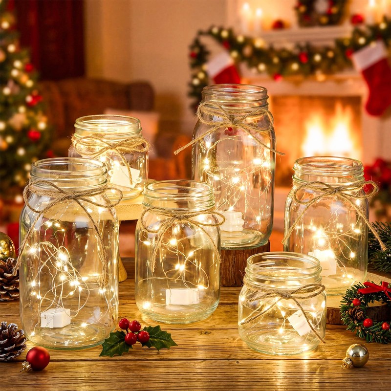 Gandeer 6 Pcs Glass Mason Jar with LED Lights for