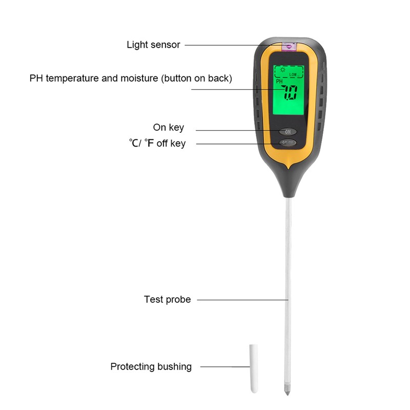 4 In 1 LCD Moisture Temperature Sunlight PH Tester Meter