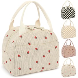 Lunch Bag for Women Girls Cute Corduroy Lunch Tote Bags Reusable Insulated Lunch Box Large Capacity Reusable Insulated Cooler for Work Picnic or Travel(Beige Strawberry)