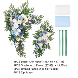 Roahosy Wedding Arch Flowers with Drapes Kit (Pack of 4), 2pcs Artificial Flower Arrangement with Draping Fabric Light Blue Floral Swag for Wedding Ceremony Arbor and Reception Backdrop Decoration