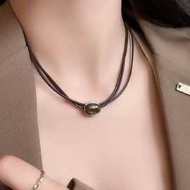 Xduargs Boho Layered Leather Necklace Black Leather Rope Necklace Vintage Opal Oval Necklace Multilayer Amber Opal Oval Necklace Jewellery for Women, Zinc