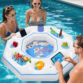 Lanathel Octagonal Inflatable Game Table with Waterproof Playing Cards, Inflatable Pool Bar Games for Adults, Floating Portable Bar Table Tray for Hot Tub or Pool Beach Party (White)