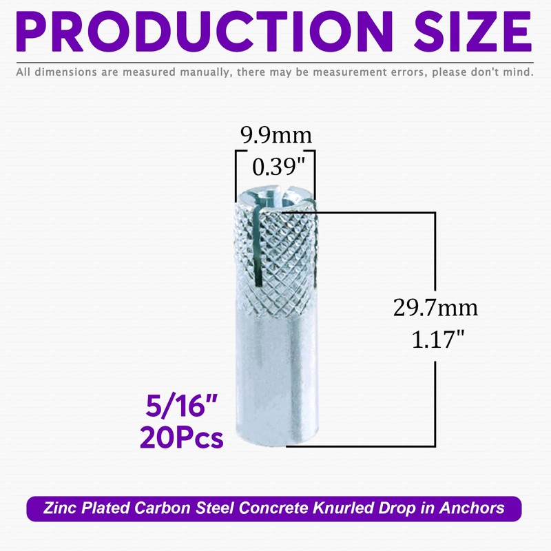 Swpeet 20Pcs 5/16 Inch Premium Zinc Plated Carbon Steel Concrete