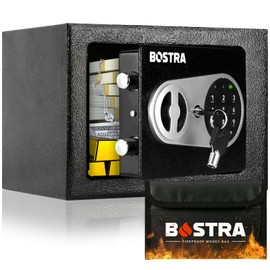 Bostra Fireproof Safe Box with Sensor Light & Fireproof Bag, Money Safe Box with Digital Keypad,Security Safe Box for Home, 0.23 Cubic Small Safe with Keys & Pass Code for Cash Jewelry Silver