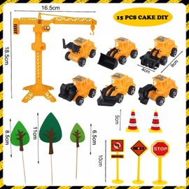 Vehículos de construcción para tartas de remolque, excavadora, tractor, decoración de tartas con 5 carteles de juguete de carretera, 3 adornos para tartas de árboles, excavadora, decoración de tartas de cumpleaños para niños