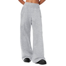HeSaYep Women's Wide Leg Sweatpants Ribbed Baggy High Waist Sweat Pants Cotton Athletic Lounge Straight Leg Pants with 4 Pockets Grey M