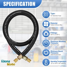 2026 Upgraded 1/2" HVAC Vacuum Hose, 3/8" to 3/8" Fittings, 5 FT, High-Flow Refrigerant Hose, Faster HVAC Evacuation and Recovery, 20 Microns Vacuum, 600 PSI Working Pressure, Black