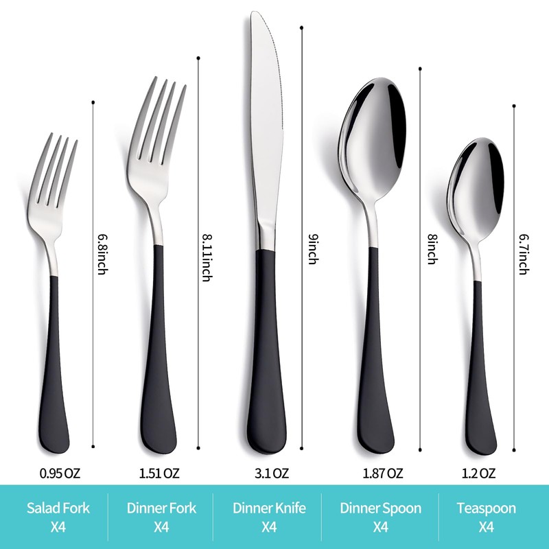 MDEALY 20-Piece Black Silverware Set for 4, 18/0 Stainless Steel