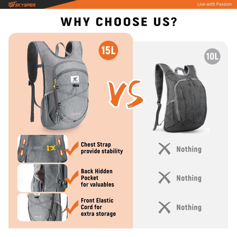 SKYSPER Men's 15L Foldable Hiking Backpack Small Daypack Daypack for