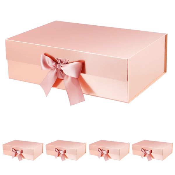 ROSEGLD 5 Large Gift Boxes with Ribbons 13.5x9x4.1 Inches, Collapsible Gift Boxes with Lids, Bridesmaid Proposal Boxes, Magnetic Gift Boxes for Presents (Glossy Rose Gold)