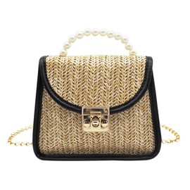Mini Straw Bag for Women, Summer Woven Crossbody Shoulder Bag Small Pearl Top Handle Handbag Flap Satchel Purse, Black