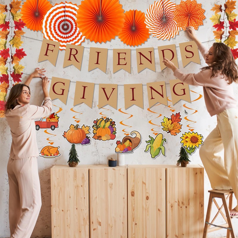 Coneatness Friendsgiving Decorations Kit, Party Banner Maple Leaf Garland Hanging