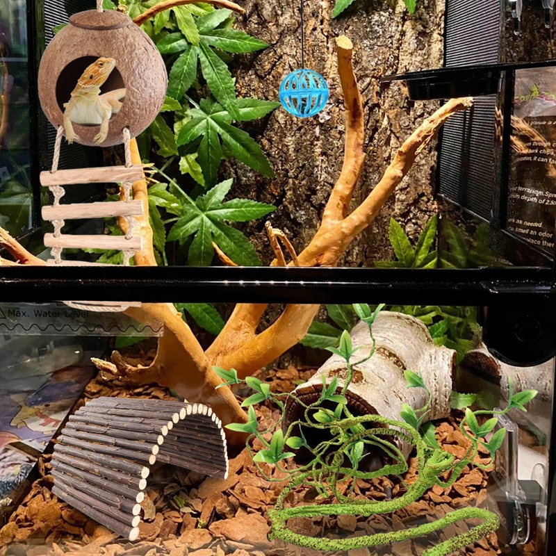 RUNANIA Crested Gecko Tank Accessories，Reptile Vines Plants with Coconut Shell