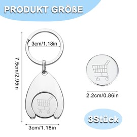 Shopping Trolley Tokens, Pack of 3 Shopping Trolley Token Keyrings, Shopping Trolley Releaser, Removable Shopping Chip Key Ring with Shopping Token Metal for Shopping (Silver)