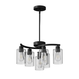 21.7in Matte Black Clear Glass 6-Light Modern Farmhouse Chandelier Hanging Pendant LightShade color: Black, Lamp Power(W): 0-360W (No Bulb), Number of Lights: 6 Bulbs, Product Size: 55*55*139.7cm