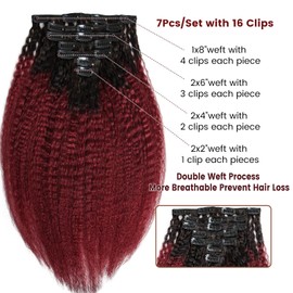 Boyusijf Kinky Straight Clip-in Hair Extensions - 100% Real Human Hair, 7Pcs, 100g, Seamless, T1B/99J, 12 Inch for Black Women