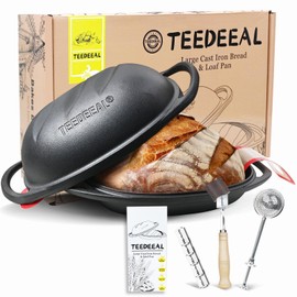 9.2 QT Heavy Duty Pre-seasoned Cast Iron Bread Pan, Large Loaf Dutch Oven with Lid, Sourdough Bread Baking Pan - Compatible with Ceramic/Cooktops/Ovens/Grill/Campfire - with lame, Flour Duster, etc