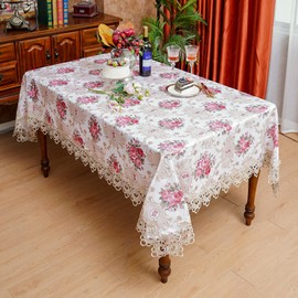 SUTAVIA Lace Tablecloth Embroidery Lace Floral Tablecloths Rectangular Vintage Jacquard Fabric Table Cover for Home Decor Holiday Party (Red Floral, Oblong, 52"x70")