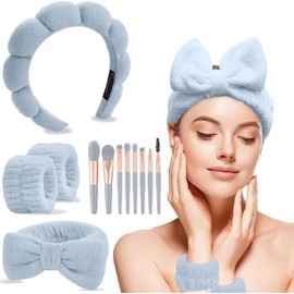 CAZYTOYZ Diadema De Esponja Para Spa Para Mujer, Set De Pulseras, Set De Diadema Con Brocha De Maquillaje Acolchada Para Lavarse La Cara, Toalla Suave, Diadema Para El Cuidado De La Piel, Linda Diadem
