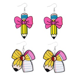 Teacher Earrings for Women Cute Acrylic Wooden Bow Pencil Earrings Back to School Earrings Teacher Appreciation Gifts (Wood)